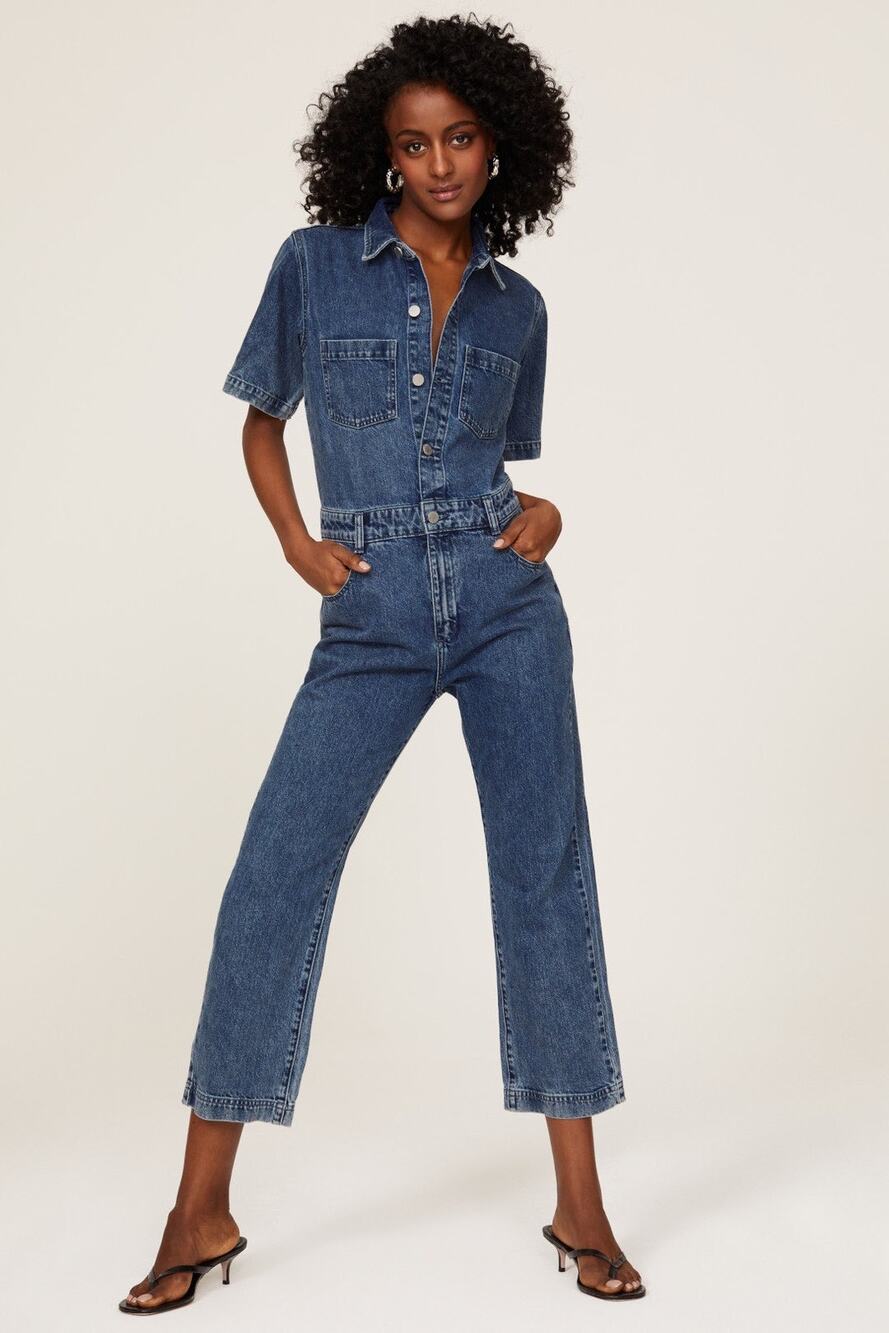 DL1961 Hannah Blue Denim Straight Leg Short Sleeve Collared Jean Jumpsuit Size L